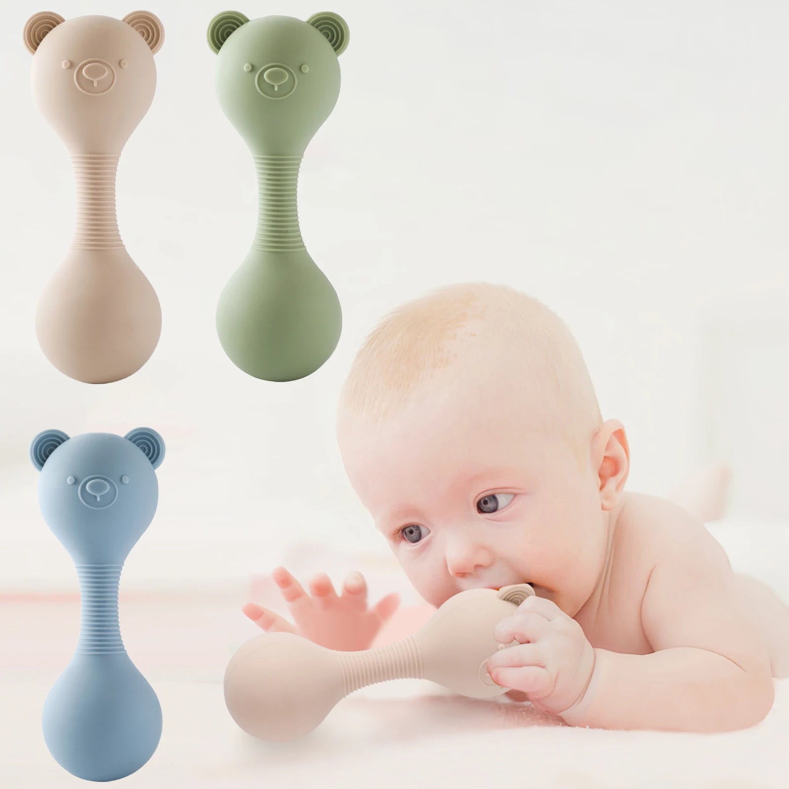 Rattle Silicone Teether Toys for Baby  Silicone Maracas  Cartoon Bear Sand Hammer Baby Toys 0-12 Months